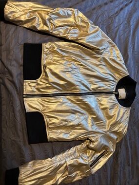 Mustard Seed Metallic Gold Bomber Jacket with Black Trim